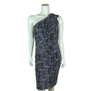 David Meister One Shoulder Dress Size 4 Ruched Beaded Cocktail Black Print White